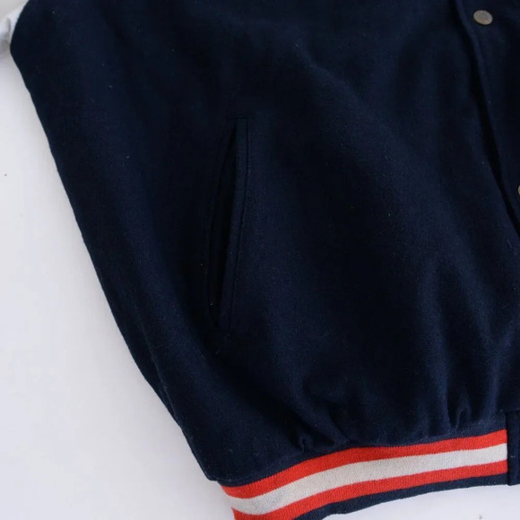 Vintage 90S Steve And Barrys British Flag Navy And Cream Wool Blend Faux Leather - Picture 10 of 16